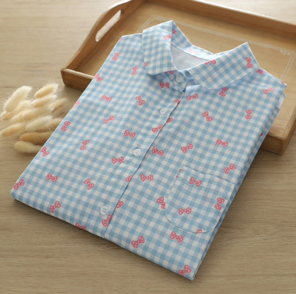 Blue Checks Bow-Print Cotton Shirt for Women