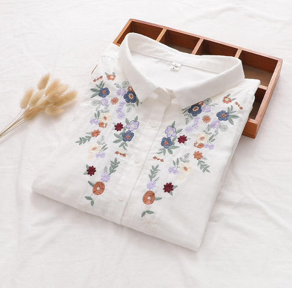 Flower work White Linen Shirt for women